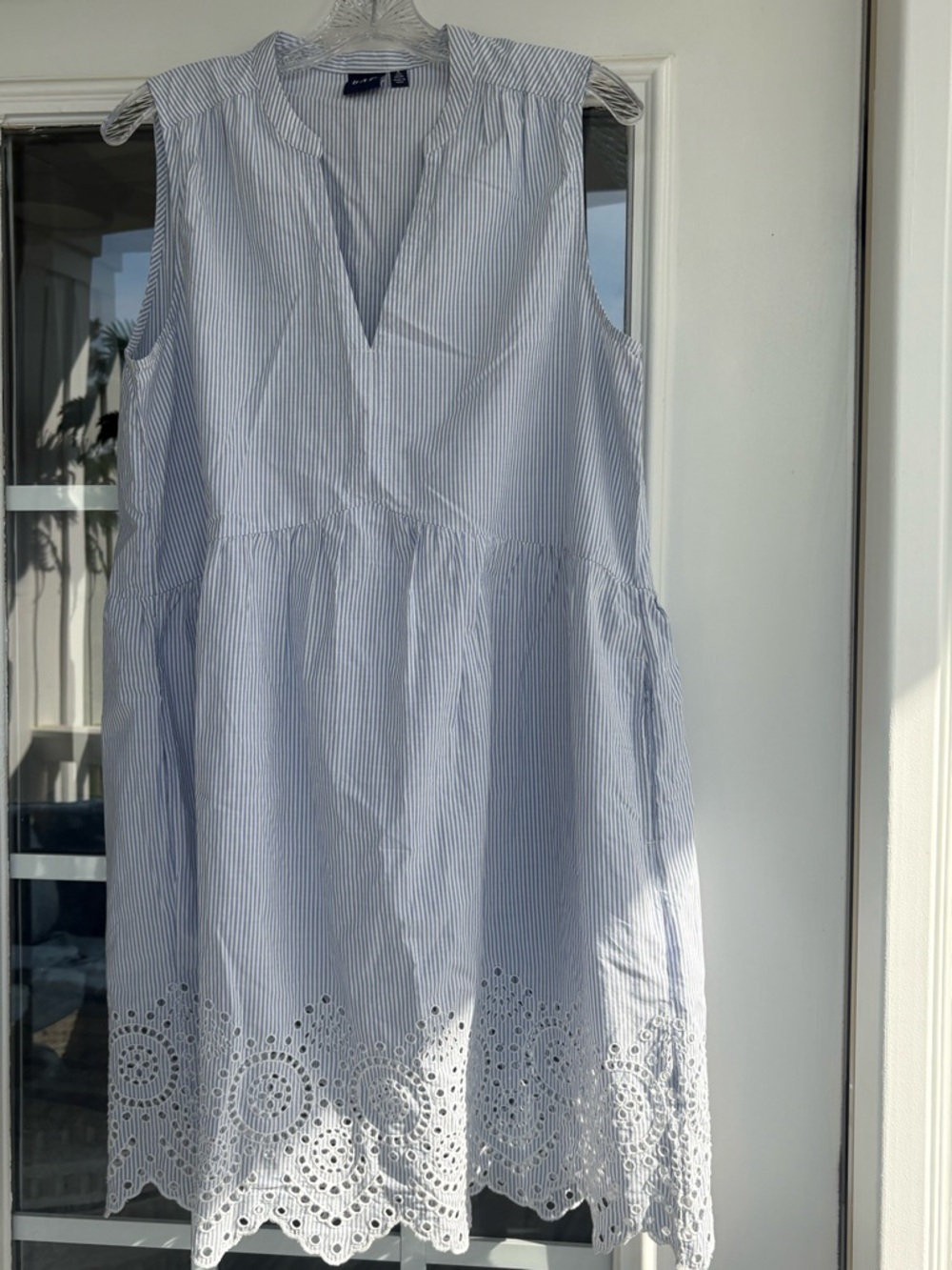 GAP Blue & White Striped Sleeveless 
Eyelet Hem Dress